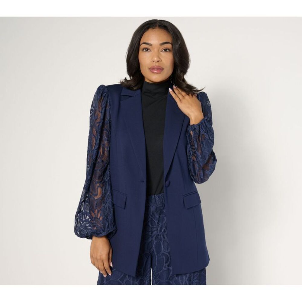 Dennis Basso Women's Petite Jacket 14P Ponte Knit Blazer Lace DarkGreen A675073